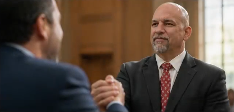 Attorney and client handshake after winning case